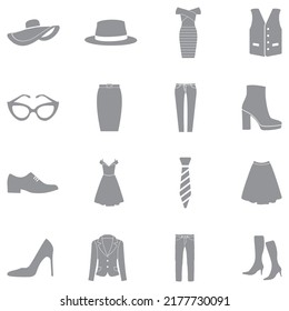 Stylish Clothes Icons. Gray Flat Design. Vector Illustration.