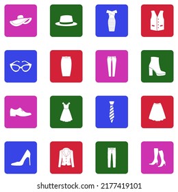 Stylish Clothes Icons. White Flat Collection In Square. Vector Illustration.