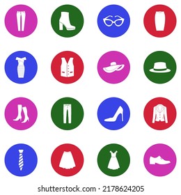 Stylish Clothes Icons. White Flat Collection In Circle. Vector Illustration.