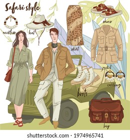 Stylish clothes and trends, fashionable clothing for men and women. Dresses and skirts, shoes and coats, accessories and bags. Outfits for males and females, comfortable apparel. Vector in flat style