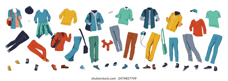 Stylish clothing items - shirts, pants, jackets, shoes accessories like sunglasses, hats, bags, neatly organized on a white backdrop. Fashion e-commerce, online stores, trending styles.