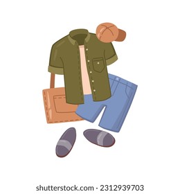 Stylish clothing for man, businessman summer look. Vector illustration of male summer cloth, summertime look of t-shirt, jeans shorts and shoes, bag and cap fashionable accessories