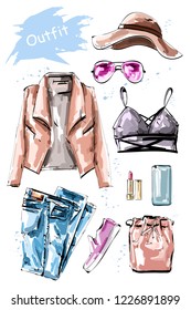 Stylish clothing outfit. Fashion clothes set with jeans, jacket, t-shirt, sunglasses, shoes, backpack and hat. Sketch.