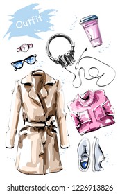 Stylish clothing outfit. Fashion set with coat, sweater, shoes, headphones, sunglasses, watch and plastic coffee cup. Sketch.