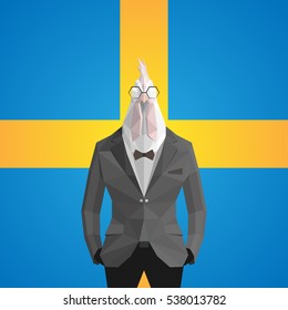 Stylish cock in gray jacket . Sweden flag background.