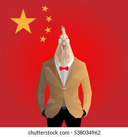 Stylish cock in  jacket . China flag background.