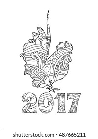 Stylish cock, or rooster isolated on white background. Vertical composition. Symbol of the New Year 2017. Zentangle inspired. Monochrome graphic. For calendar, card, coloring book. Vector illustration