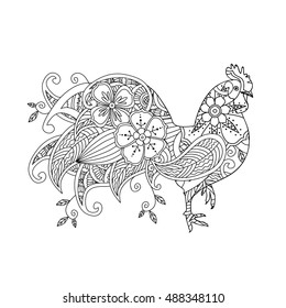 Stylish cock, or rooster isolated on white background. Symbol of the New Year 2017. Zentangle inspired style. Monochrome graphic. For calendar, card, coloring book. Art vector illustration