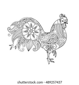 Stylish cock, or rooster isolated on white background. Symbol of the New Year 2017. Zentangle inspired style. Monochrome graphic. For calendar, card, coloring book. Art vector illustration