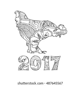 Stylish cock, or rooster and numbers isolated on white background. Symbol of the New Year 2017. Zentangle inspired style. Monochrome graphic. For calendar, card, coloring book. Art vector illustration