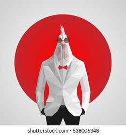Stylish cock in white jacket .Japanese flag background.