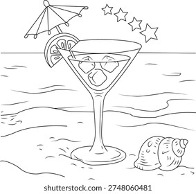 A stylish cocktail coloring page featuring a beautifully designed drink in a decorative glass with fruit garnish, ice cubes, and a straw. The illustration is created with clean bold outlines and intricate details, making it perfect for both kids and adults who enjoy relaxing coloring activities. This printable black and white line art is ideal for coloring books, activity pages, and creative projects. The fun tropical drink theme encourages creativity and stress relief while adding a festive vibe to coloring time. Suitable for beginners and advanced colorists.