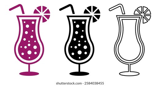 stylish cocktail icons with curvy glasses, tropical drink symbols, fizzy beverage vector design