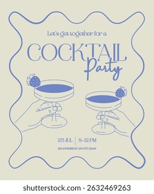 Stylish cocktail party invitation with two hands holding glasses, minimalist blue line art on light background. Perfect for summer events, posters, flyers, and social media.