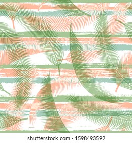 Stylish coconut palm leaves tree branches overlapping stripes vector seamless pattern. Brazilian exotic foliage beach fashion fabric print. Tropical leaves silhouettes wallpaper.