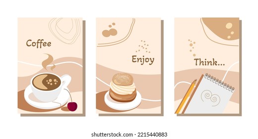 Diseño elegante con café caliente con Cherry, sueco semilla de la comida y nota con lápiz naranja en colores pastel. Café Escrito, Disfrútalo, Piensa. Café de fondo moderno Diseño de marca conceptual.