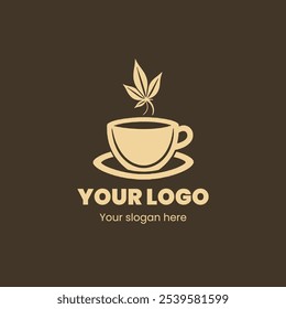 "Xícara de café elegante com emblema de folha e esquema de cores terrosas"

