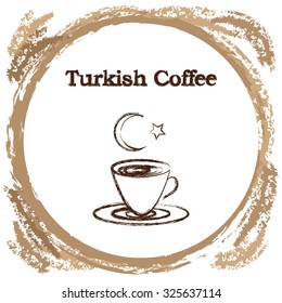 Stylish coffee cup sketched design vector icon for coffee shop or cafe with turk kahve and symbols of Turkey for poster flyer or banner reklam advertisement types