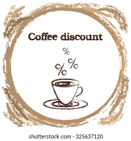 Stylish coffee cup sketched design vector icon for coffee shop or cafe discount marketing event. Can be used as banner, flyer or poster