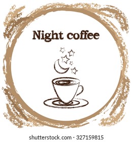 Stylish coffee cup sketched design vector icon for coffee shop or cafe for late night strong coffee with stars and moon steam