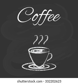 Stylish coffee cup sketched design for coffee shop or cafe, vector icon or logo on blackboard