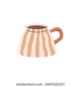 Stylish coffee cup with trendy design. Cute ceramic mug with modern shape. Teacup with stripe pattern for tea, hot drinks, beverages in minimal style. Flat isolated vector illustration on white