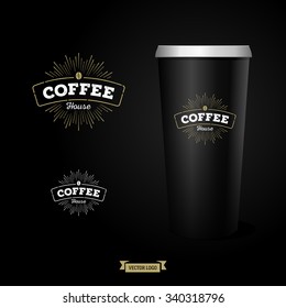 Stylish coffee logo with photorealistic paper cup. Good for coffee shop, coffee house. Vector illustration.