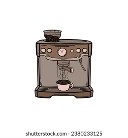 Stylish coffee machine. Doodle vector illustration coffee brewing. Coffee aesthetics. Hand drawn. 