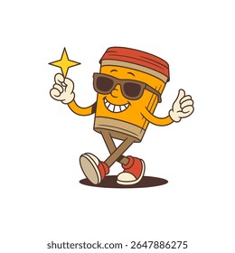 Stylish coffee mascot with sunglasses and wide grin stands on one leg, holding a star and giving a thumbs-up. Ideal for cafe branding, fun advertising, and energetic digital content