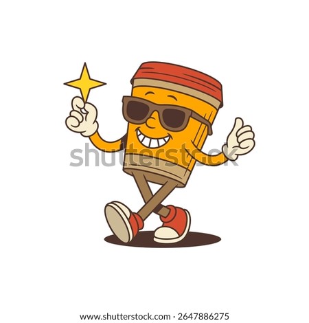 Stylish coffee mascot with sunglasses and wide grin stands on one leg, holding a star and giving a thumbs-up. Ideal for cafe branding, fun advertising, and energetic digital content