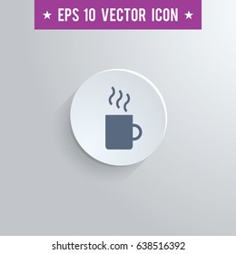 Stylish coffee mug icon. Blue colored symbol on a white circle with shadow on a gray background. EPS10 with transparency.