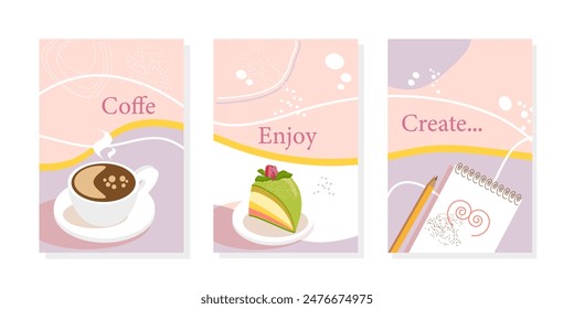 Stylish set design a Cup hot coffee Prinsesstarta Swedish Sweet Food and Notebook with pencil. Written Coffee, Enjoy, Create. Modern background coffee Concept branding design. Vector Illustration.