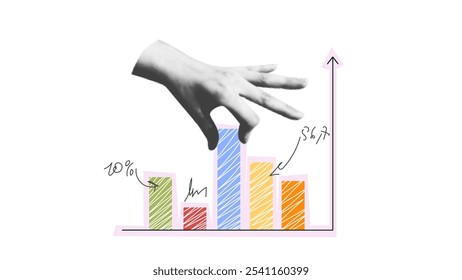 gráfico de colagem elegante com gráfico de estatísticas e notas manuscritas em vetor com mãos de meio-tom recortadas