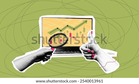 Stylish collage of cryptocurrency theme. Laptop with bitcoin trading chart going up. Japanese candles bull market. Sales growth design. Hands with magnifying glass and thumb up.