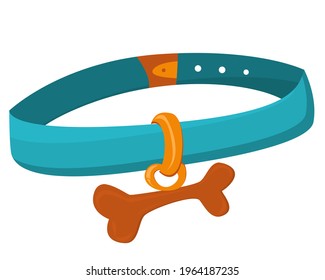 Stylish collar for pets. Collar with a bone for cats and dogs. Blue collar for dogs with a keychain in the form of a bone isolated on a white background. Pet accessories, pet care