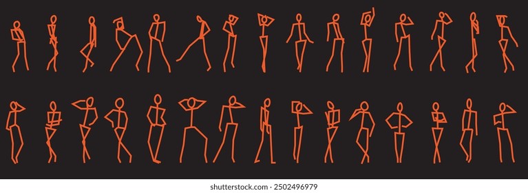 A stylish collection of 30 orange matchstick models striking fashion poses on a black background, available in an editable format. This minimalist design is perfect for creative artwork