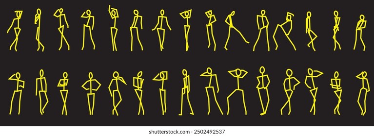 A stylish collection of 30 yellow matchstick models in various fashion poses set against a black background. This unique and minimalist design is perfect for editorial fashion, creative artwork, 