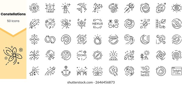 Uma elegante coleção de 50 ícones com temas de constelações, com desenhos de arte em linha, perfeito para entusiastas da astronomia, gráficos ou materiais educativos.