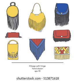 Stylish collection of 9 fashion vector bags with fringe, isolated on white background. Color illustration in red, yellow and blue. Hand drawn fashion trend glamour set kit in vogue style