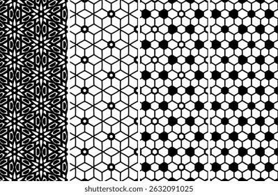 Stylish collection of abstract geometric black white seamless patterns perfect for textile design, fashion prints, and backgrounds. High-resolution repeatable textures.