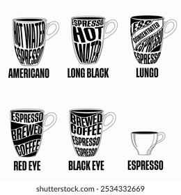 A stylish collection of beverage icons featuring coffee cups, mugs, perfect for menus and cafe designs