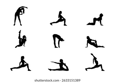 A stylish collection of black silhouettes featuring girls in stretching and yoga poses. Perfect for fitness-themed designs, posters, prints, and digital projects. Clean and minimal style.