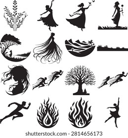 A stylish collection of black and white vector icons depicting graceful dance poses, flowing hair, fire elements, and nature motifs like trees and plants. Perfect for artistic, cultural, or thematic projects.