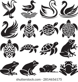 A stylish collection of black and white vector icons featuring swans, ducks, turtles, and frogs in various poses. Perfect for nature, biology, or educational projects needing clean and simple iconography.