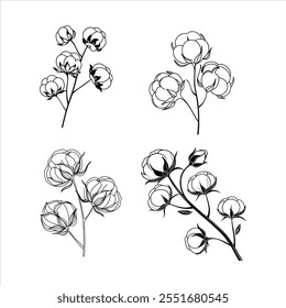 A stylish collection of cotton flower abstract line art vector illustrations. Perfect for creating minimalist designs, botanical decor, and digital art projects with an elegant touch.