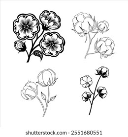A stylish collection of cotton flower abstract line art vector illustrations. Perfect for creating minimalist designs, botanical decor, and digital art projects with an elegant touch.