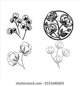 A stylish collection of cotton flower abstract line art vector illustrations. Perfect for creating minimalist designs, botanical decor, and digital art projects with an elegant touch.