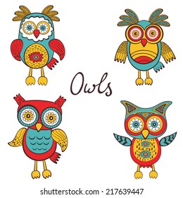 A stylish collection of cute, funny owls. Vector illustration