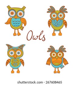 A stylish collection of cute, funny owls. Vector illustration