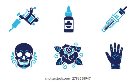 A stylish collection of dark blue and black vector icons featuring tattoo equipment, a syringe, ink bottle, tattoo machine, skull, rose, and gloved hand. Perfect for medical, tattoo shop, or dark-themed designs.